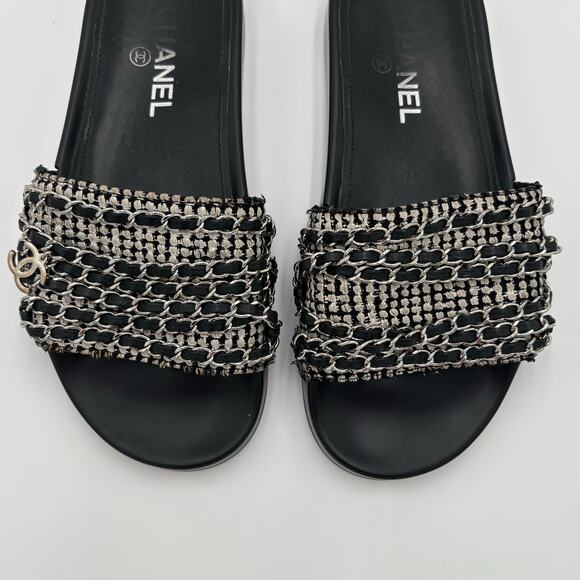 Chanel CC Chain Slide Sandals Flat Canvas Slip On Shoes Black Tweed Size 38 - Picture 4 of 14